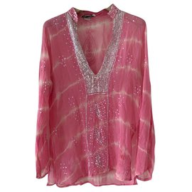 Autre Marque-V-neck tunic in pink tye and dye silk-Pink