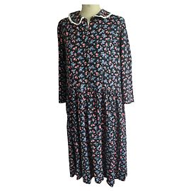 Vintage Robe Fleurie en Viscose Noire Noir