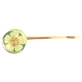 Accessoire Cheveux Chanel Fleur Logo Dorée et Résine Verte Doré
