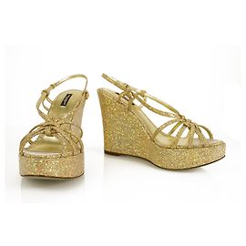 Dolce & Gabbana D&G Plateformes compensées à lanières en cuir pailleté doré sz 40 chaussures Doré