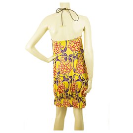 Dsquared2-DSquared Floral Open Back V front halter top yellow, purple and red mini dress sz S-Multiple colors