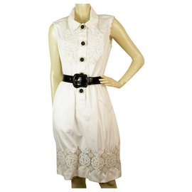 Fendi-Fendi Blanc Amidonné Fleurs En Dentelle Sans Manches D'été Noir Ceinture Robe Taille 42-Blanc