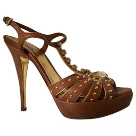 Miu Miu-Bejewelled high heel platform sandals-Brown,Golden