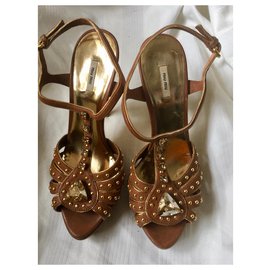 Miu Miu-Bejewelled high heel platform sandals-Brown,Golden