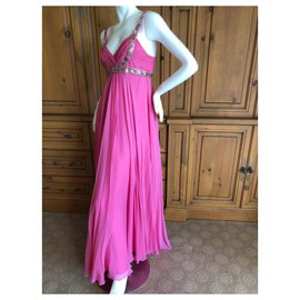 Marchesa-Marchesa Notte Embellished Pink Grecian Goddess Evening Gown-Pink