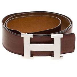 Hermès cinto reverso em caixa marrom e courchevel dourado, fivela de metal escovado prata Marrom Dourado