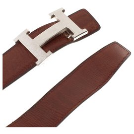 Hermès-Hermès reverse belt in brown box and gold courchevel, silver brushed metal buckle-Brown,Golden