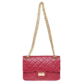 Chanel-Mini bolso Chanel 2.55 Reedición en cuero acolchado rojo, Joyas de oro, condición excepcional!-Roja