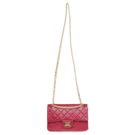Chanel-Mini bolsa Chanel 2.55 Reedição em couro acolchoado vermelho, Joias Douradas, condição excepcional!-Vermelho