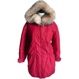 Hermès-HERMES Down jacket Parka red hood with fur collar T38-Red
