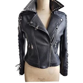 inconnue Schwarze Kunstlederjacke mit Büffel Stickerei Schwarz