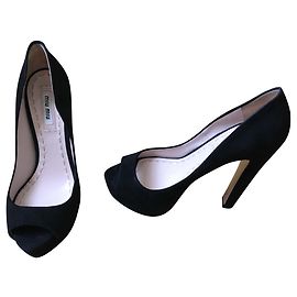 Miu Miu Black Nubuck Peep Toe Platform Heels Black