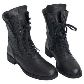 Chanel-Bottes à lacets de combat noires avec boîte-Noir