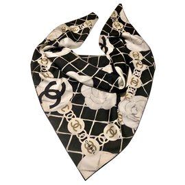 Chanel-CHANEL black silk scarf-Black