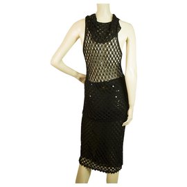 Fendi-Fendi Black fish knit sans manches col roulé top & dessous genou jupe set taille 42-Noir