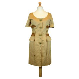 Christian Dior-CHRISTIAN DIOR spring summer day dress 1993 cotton sand rivets and laces-Sand