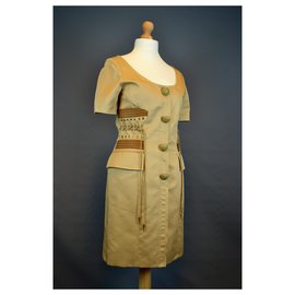 Christian Dior-CHRISTIAN DIOR spring summer day dress 1993 cotton sand rivets and laces-Sand