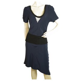 Autre Marque-Vena Cava Blue Color w. Black Trim Asymmetrical Length Silk Dress size 4-Black,Dark blue