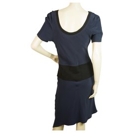 Autre Marque-Vena Cava Azul Color w. Tamaño de vestido de seda de longitud asimétrica con ribete negro 4-Negro,Azul oscuro