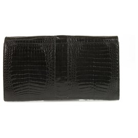 Vintage-Vintage Black Croco Gold Tone Chain Flap Top Clutch Shoulder Evening Bag Handbag-Black