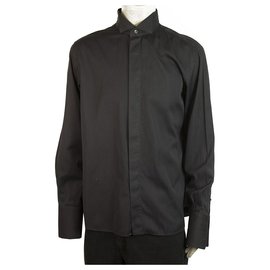 Calvin Klein-Calvin Klein Black Cotton Silk Tuxedo Shirt Long Sleeve Cotton Mens 44/17,5''-Black