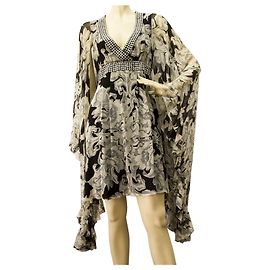 Jenny Packham Grau Schwarz Blumen Seide Breite Glockenärmel Mini Abendkleid UK 12 Schwarz Weiß