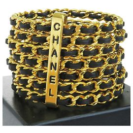 Chanel Gold Plated Woven Leather 7 Ring Cuff Bangle Black Golden