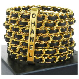 Chanel-Cuero tejido chapado en oro 7 Anillo brazalete brazalete-Negro,Dorado