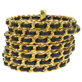Chanel-Gold Plated Woven Leather 7 Ring Cuff Bangle-Black,Golden