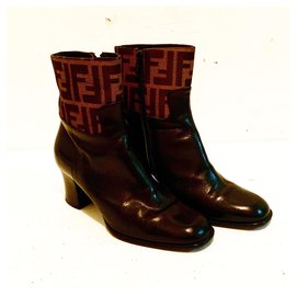 Fendi-Vintage Zucca FF & Leather Ankle Boots-Brown,Black