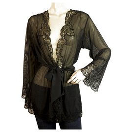 Autre Marque-Cotton Club Black Lace Intimate Lingerie Kimono Robe Cardigan Top sz L-Black