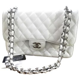 Chanel-Chanel branco Jumbo clássico alinhado saco de aba-Branco