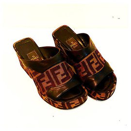 Fendi-Vintage Zucca FF Wedge Sandals Size 36-Brown