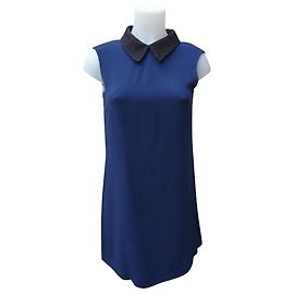 Vestido Miu Miu com Gola de Renda Preta Algodão Viscose Preto Azul