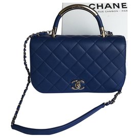 Chanel-Saco superior médio da aleta da alça com cartão, Caixa, Saco de pó-Azul,Azul escuro