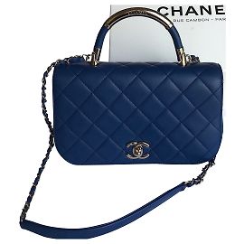 Chanel Medium Top Handle Flap Bag mit Karte, Box, Staubbeutel Blau Dunkelblau