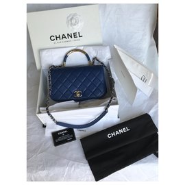 Chanel-Saco superior médio da aleta da alça com cartão, Caixa, Saco de pó-Azul,Azul escuro