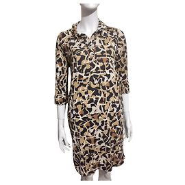 Diane Von Furstenberg Silk Jersey Abstract Pattern Dress Brown Black Cream Caramel
