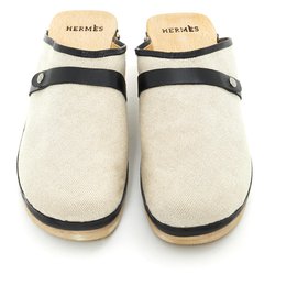 Hermès-CANVAS LEATHER CLOG FR40 NEW-Black,Cream
