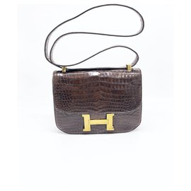 Hermès-Bolsa Hermes Constance 23 cm em couro de crocodilo marrom-Marrom