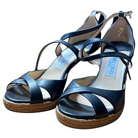 Jimmy Choo Black Leather Wedge Sandals Black