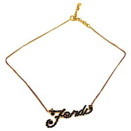 Fendi-Vintage Gold Plated Crystal Logo Pendant Necklace-Golden