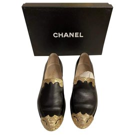 Chanel-Chanel Dallas Leather Loafers Shoes Sz 37-Black,Golden