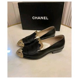 Chanel-Chanel Dallas Mocasines De Cuero Zapatos Sz 37-Negro,Dorado