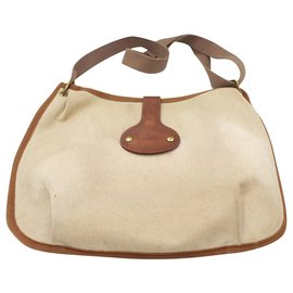 Hermès-Hermès Rodéo bag in linen and leather.-Brown,Beige