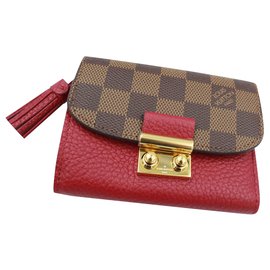 Louis Vuitton-Louis Vuitton Croisette Wallet in Damier ebony and red leather.-Brown,Red,Dark red