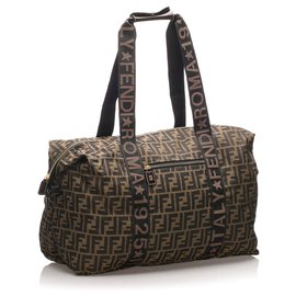 Fendi-Fendi Brown Zucca Nylon Travel Bag-Brown,Dark brown