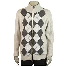 Pringle of Scotland Grauer Argyle Reißverschluss vorne Lammwolle Strickpullover Herren Top L. Grau