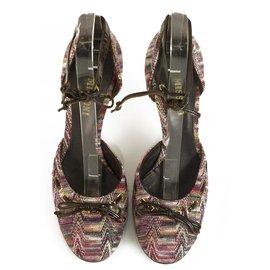 Missoni-Missoni Purple Hues Fabric Brown Patent Leather Cheville Strap Heels escarpins chaussures 37-Multicolore
