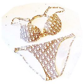 Christian Dior Raro Galliano Trotter Crystal Logo Bikini Flor Castaño
